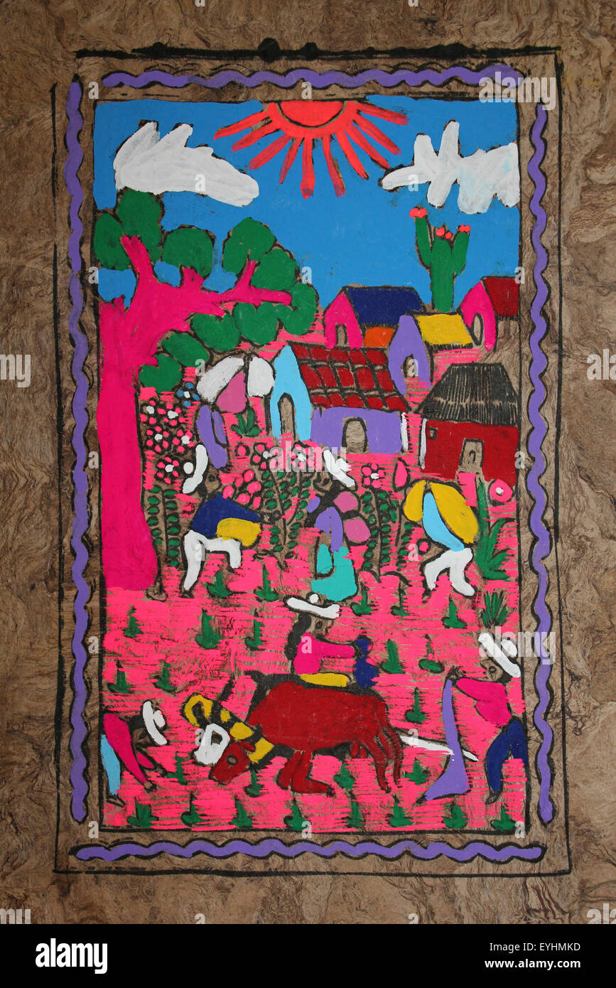 Amate Bark Painting Depicting Everyday Village Life Stock Photo