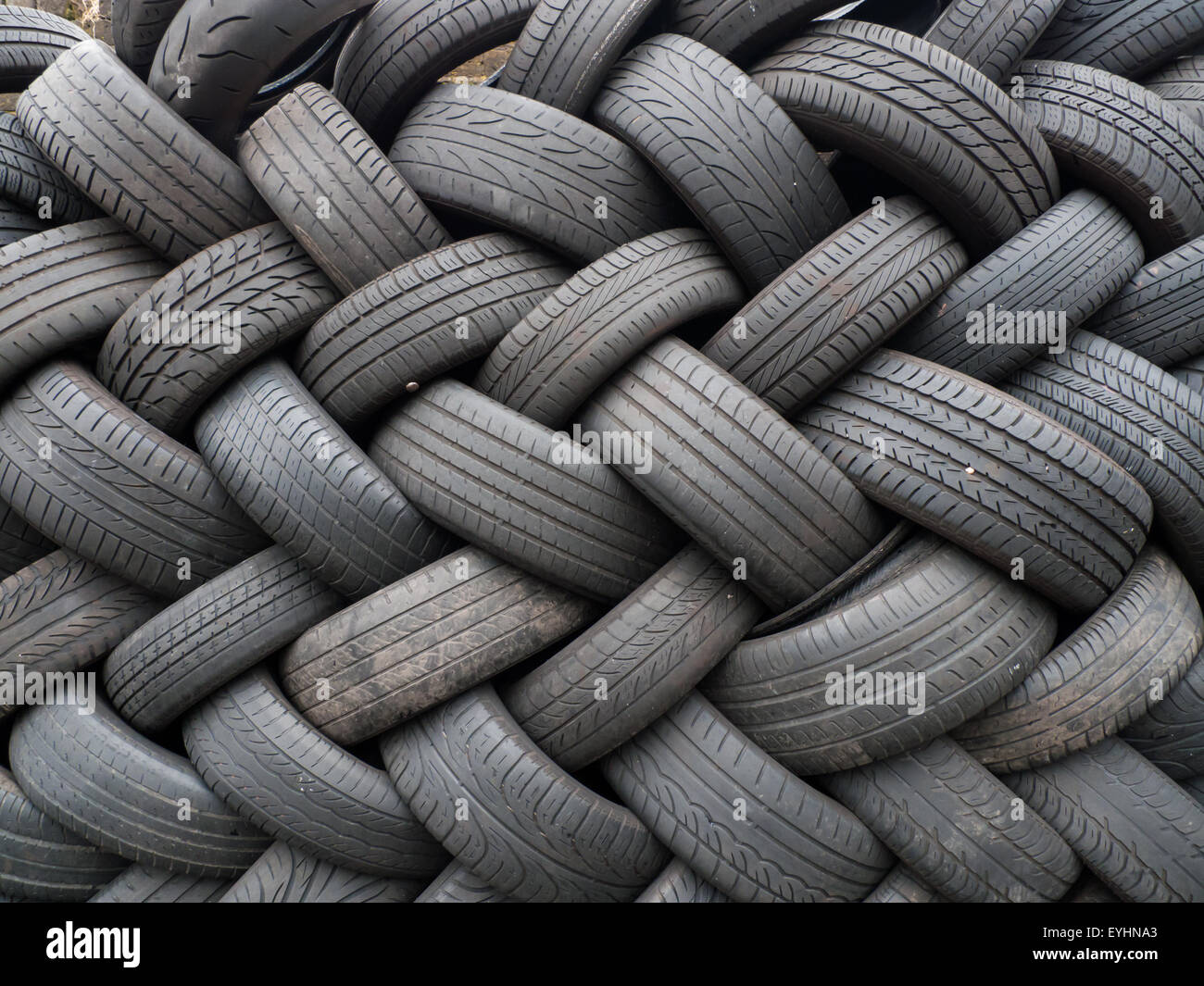 London, England. Tyres in a pattern, like woven. Stock Photo