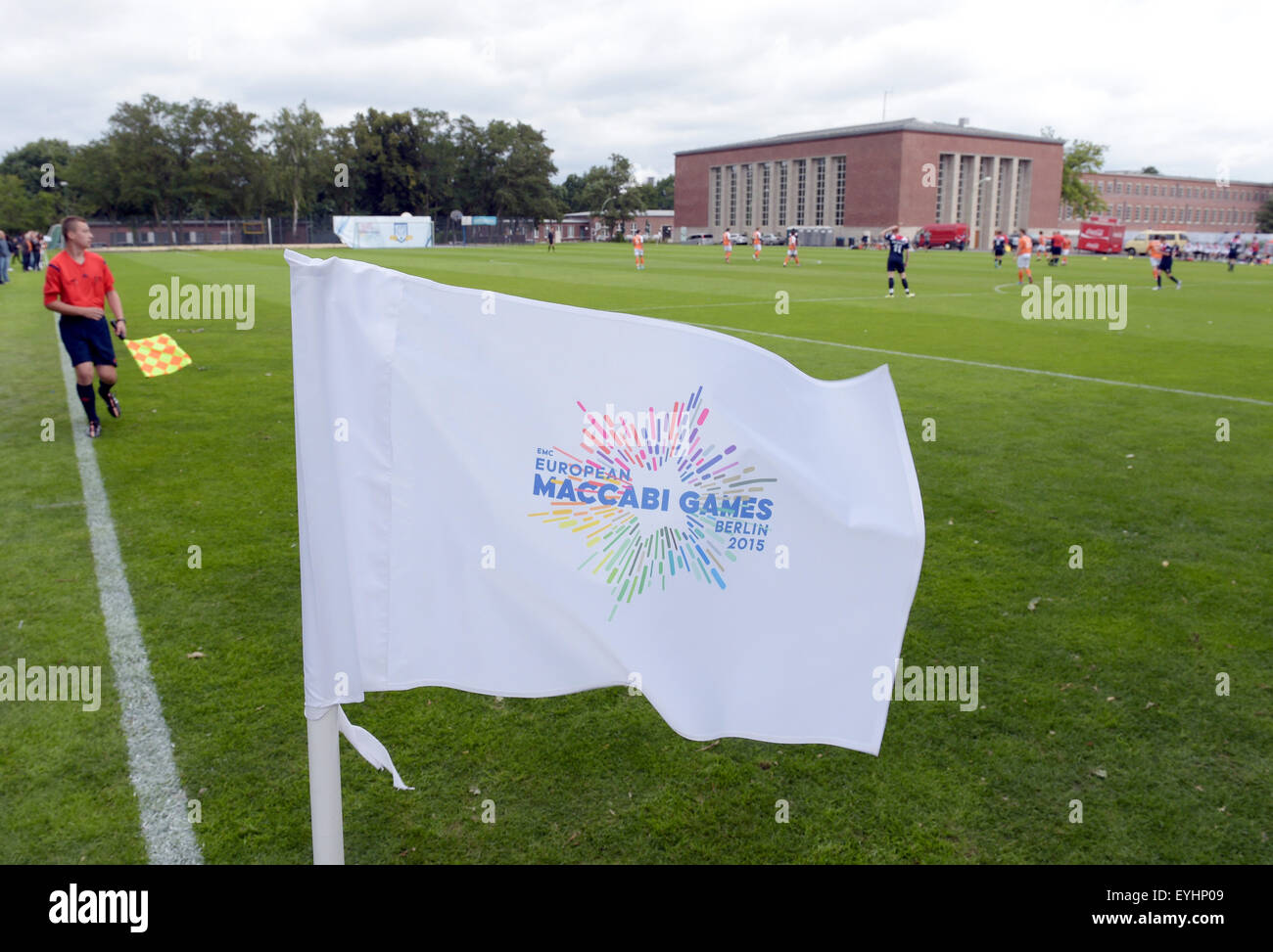 A corner flag waves during a soccer match between the Netherlands and Great Britain of the European Maccabi Games at the Olympic Park in Berlin, Germany, 30 July 2015. Around 2,300 Jewish athletes from 38 countries will compete in the 14th European Maccabi Games held at the Olympic Park in Berlin until 05 August 2015. Seventy years after the holocaust, Germany is hosting the Jewish sports event for the first time. Photo: RAINER JENSEN/dpa Stock Photo