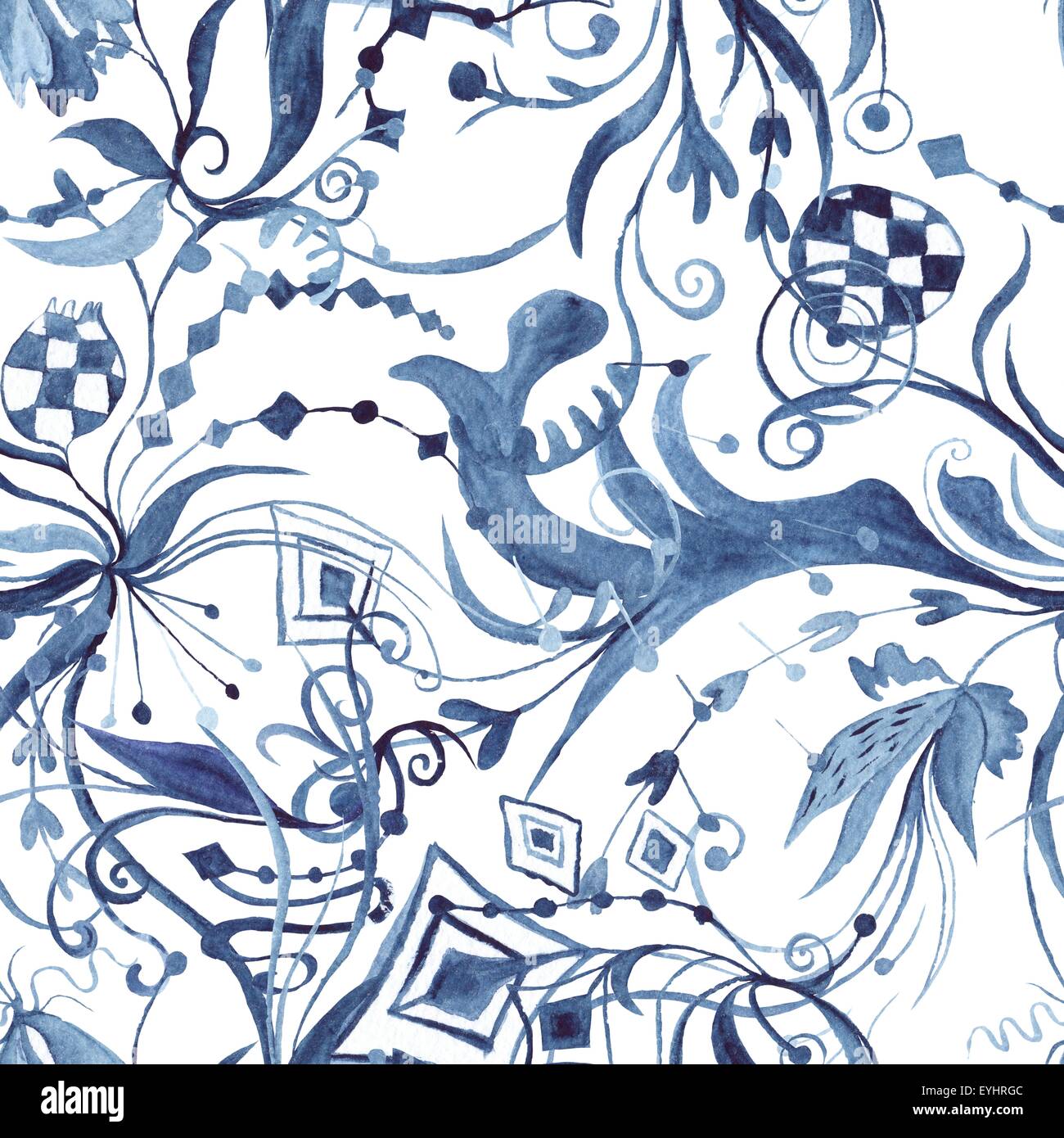 Seamless hand-painted texture with fairytale ornaments on white