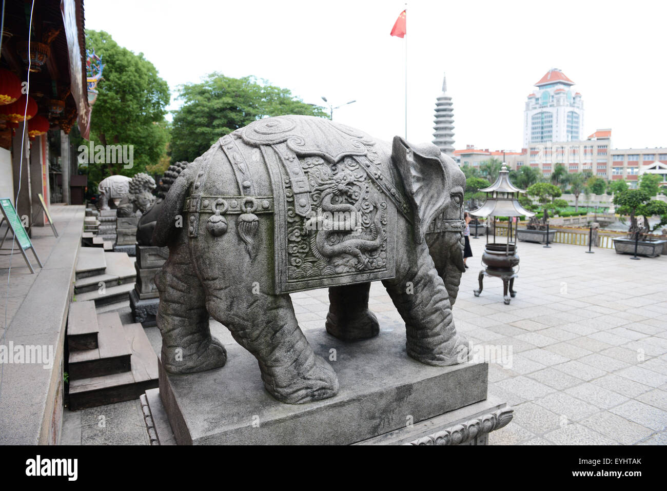 Stone elephant sculptures at the gate of the Nanputuo temple on Xiamen