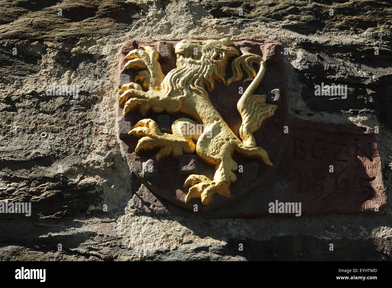 A House of Nassau's lion rampant crest on a wall in Idstein, Germany. Stock Photo