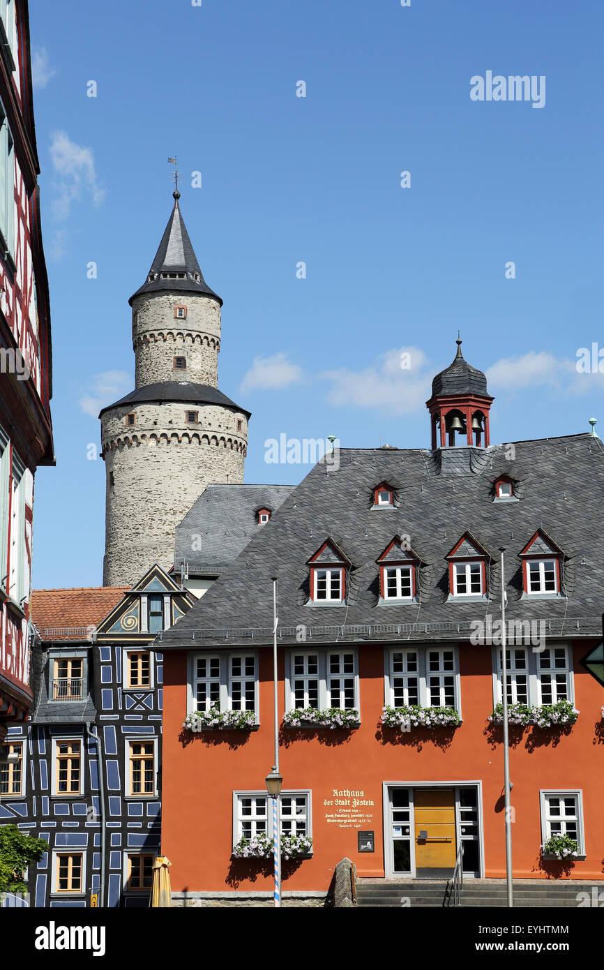 The Hexenturm ('Witches Tower) and town hall in Idstein, Germany. Stock Photo
