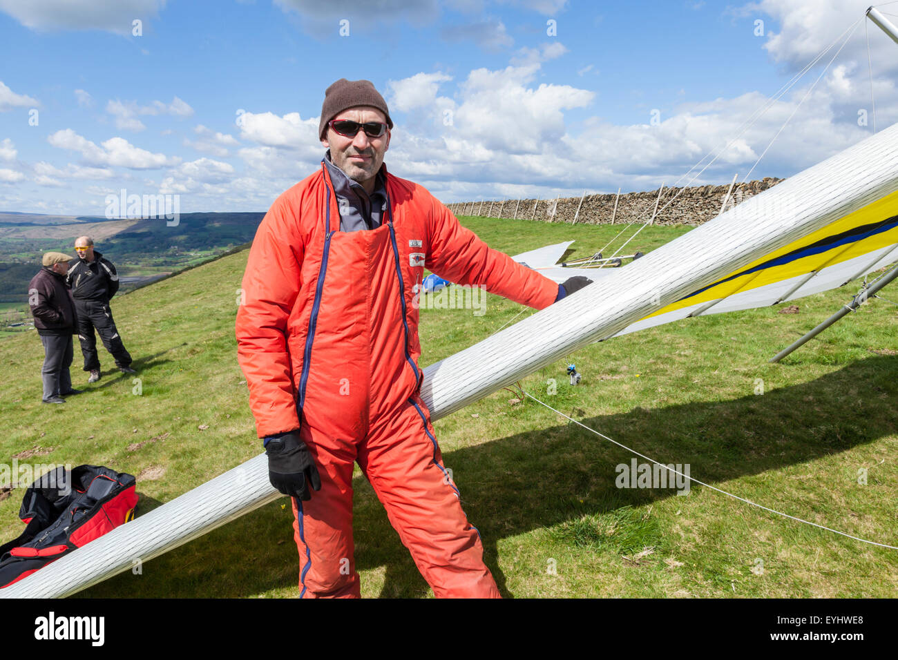 Hang gliding pilot at Bradwell Edge, Derbyshire, Peak District National
