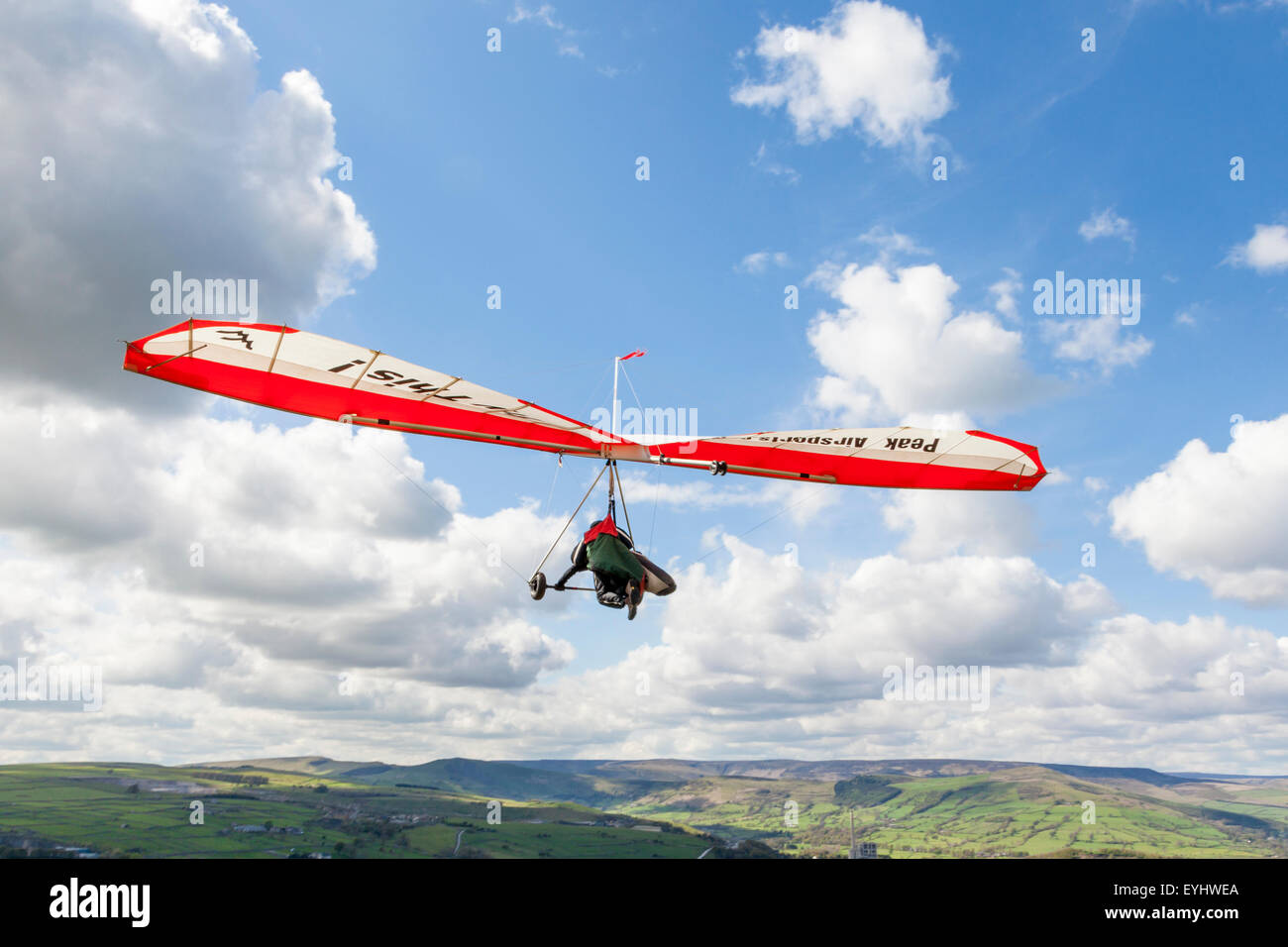 Hang gliding over the Peak District countryside. Hang glider training