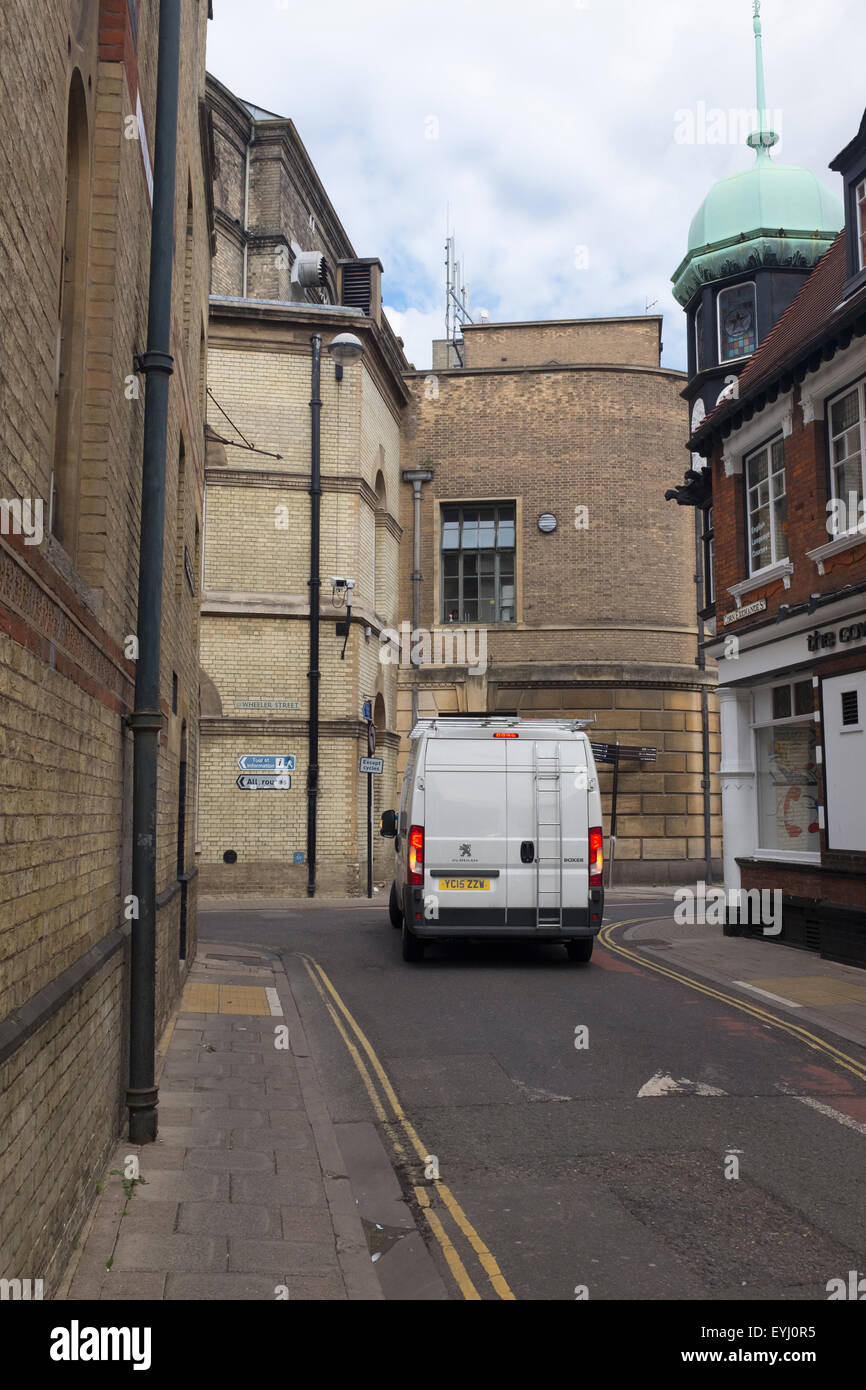 White van waiting at end of Corn Exchange Street onto Wheeler Street