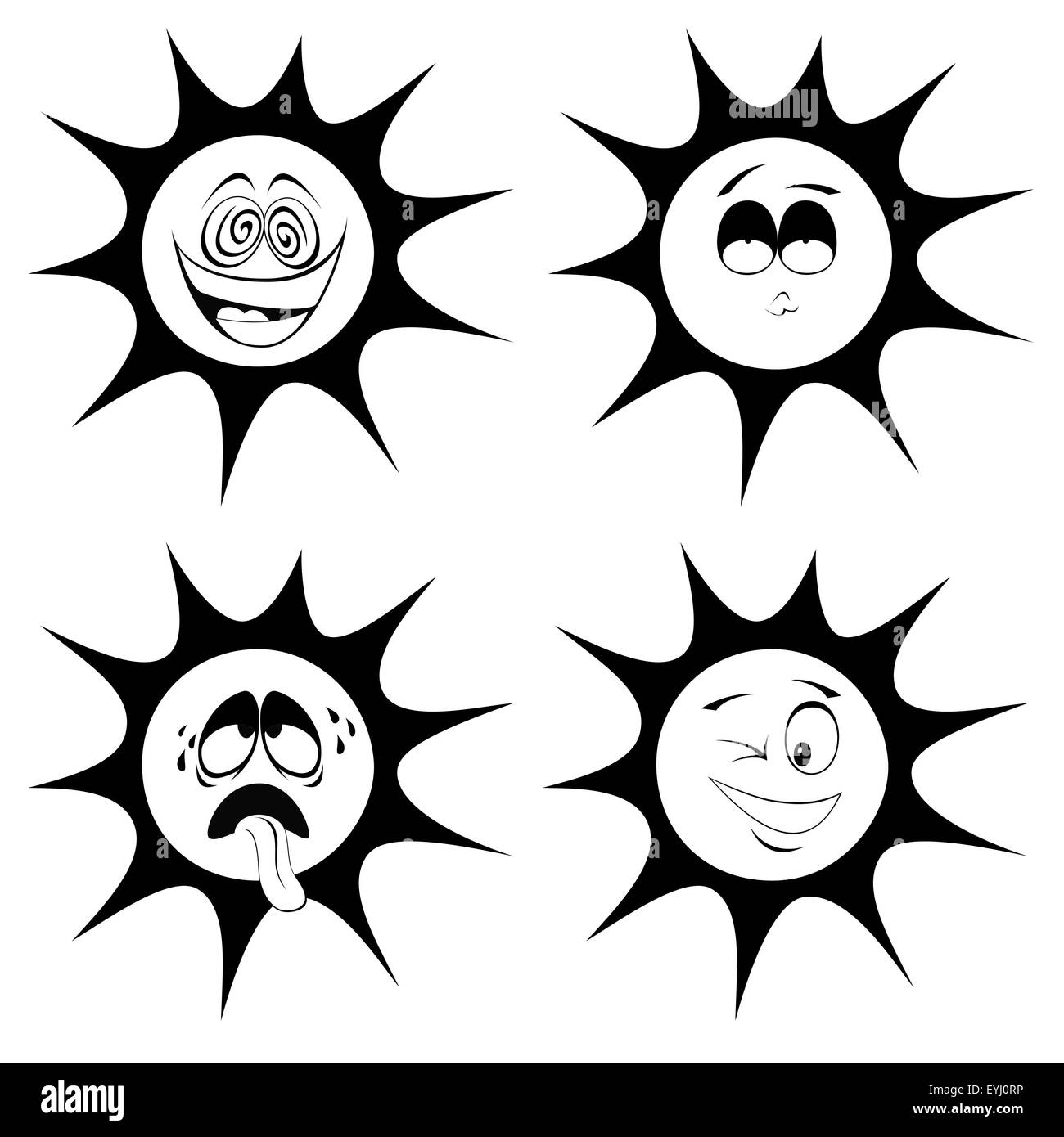 Collection of four black and white, cute sun character icons (emoticons) with different facial expression Stock Photo