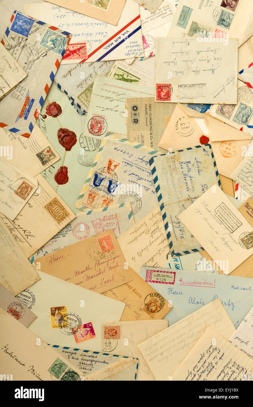 Old letters and envelopes spread out over a table Stock Photo Alamy