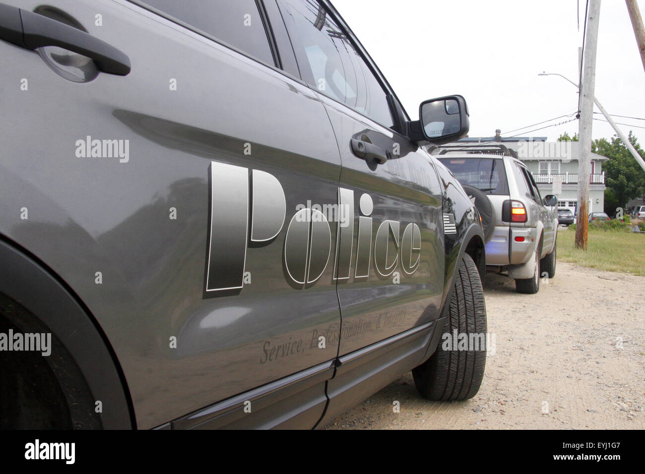 Police vehicle during a traffic stop, Oak Bluffs, Martha's Vineyard, Massachusetts, USA Stock