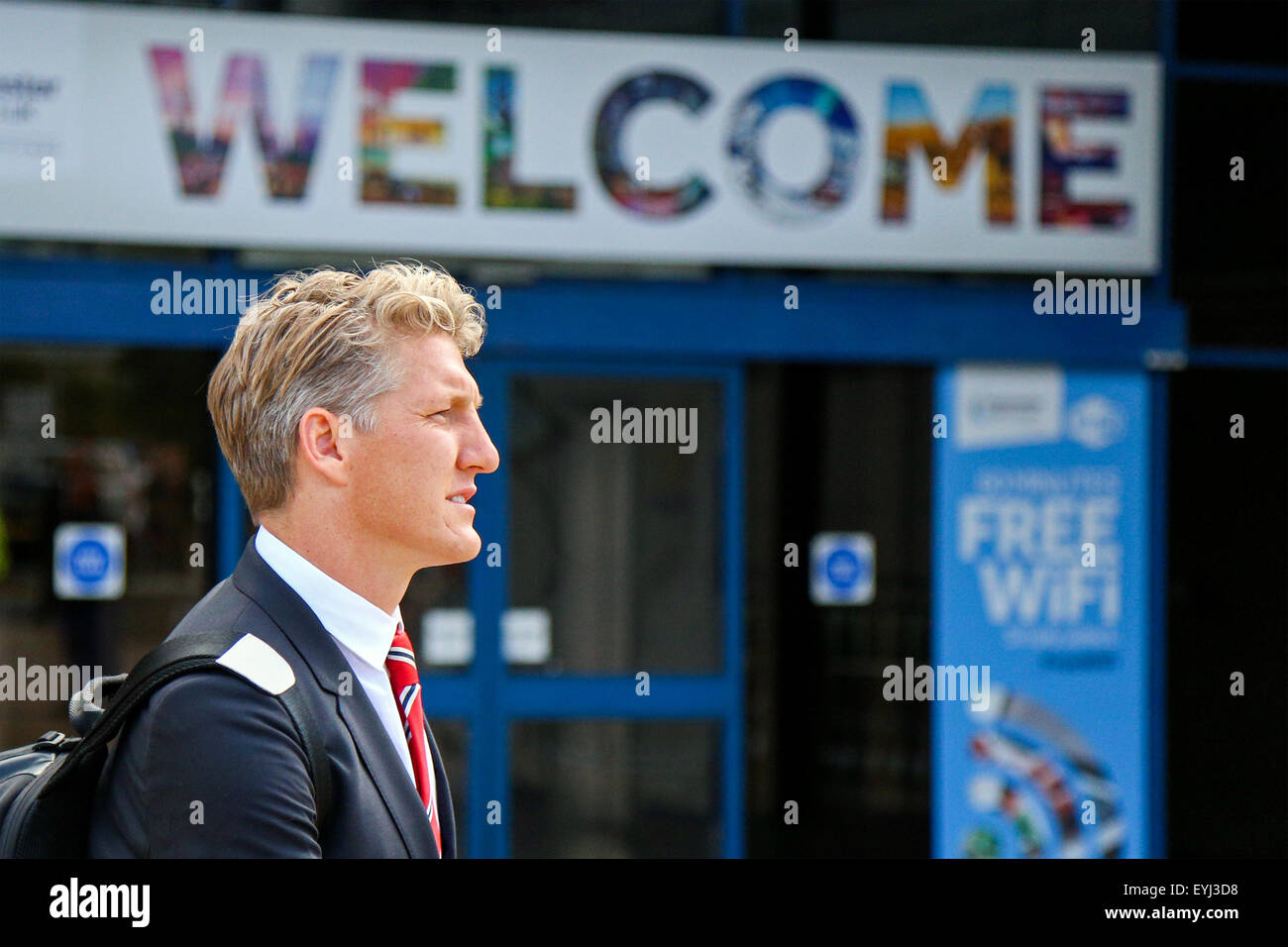 Bastian Schweinsteiger arrives with the Manchester United squad after their pre-season tour of the United States. Stock Photo
