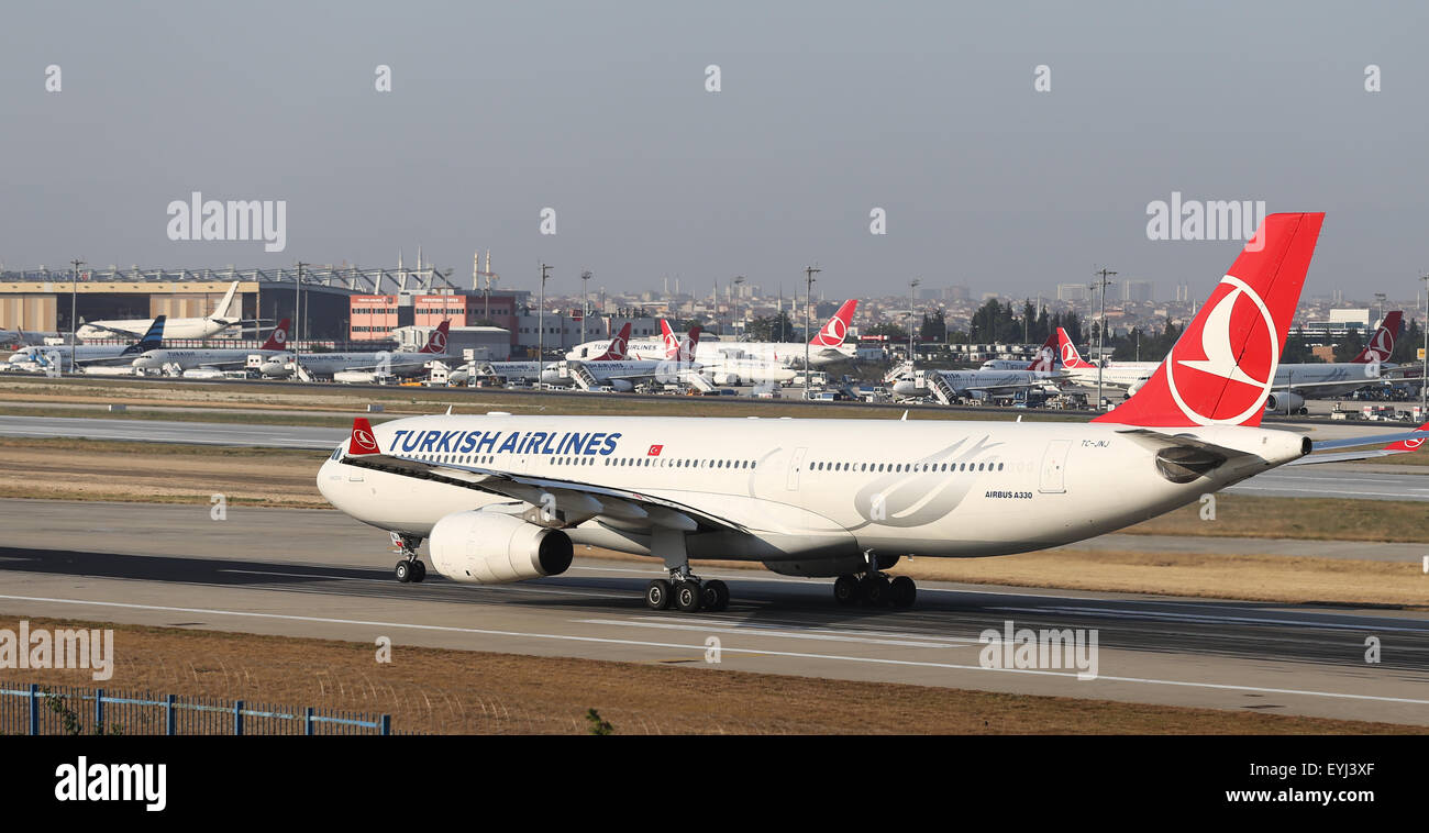 ISTANBUL, TURKEY - JULY 09, 2015: Turkish Airlines Airbus A330-343 (CN 1170) takes off from Istanbul Ataturk Airport. THY is the Stock Photo