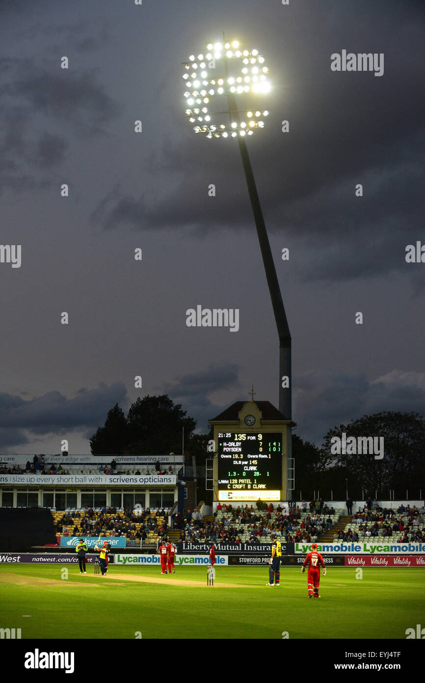 Floodlit cricket match at Edgbaston Uk sport floodlights for Warwickshire v Lancashire in T20 Stock Photo