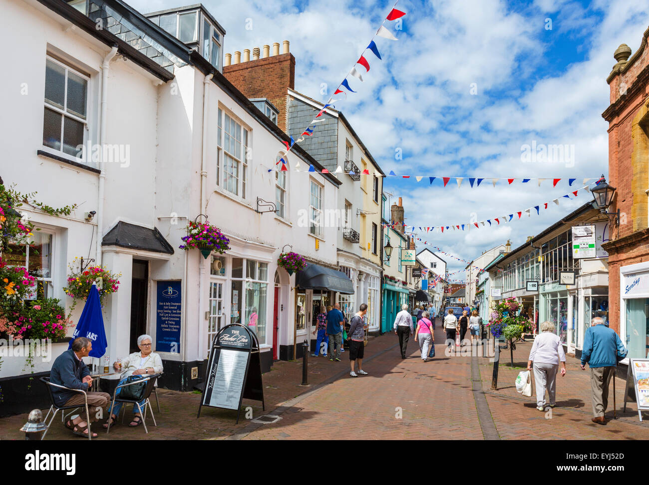 View down Old Fore Street in the town centre, Sidmouth, Devon, England, UK Stock Photo
