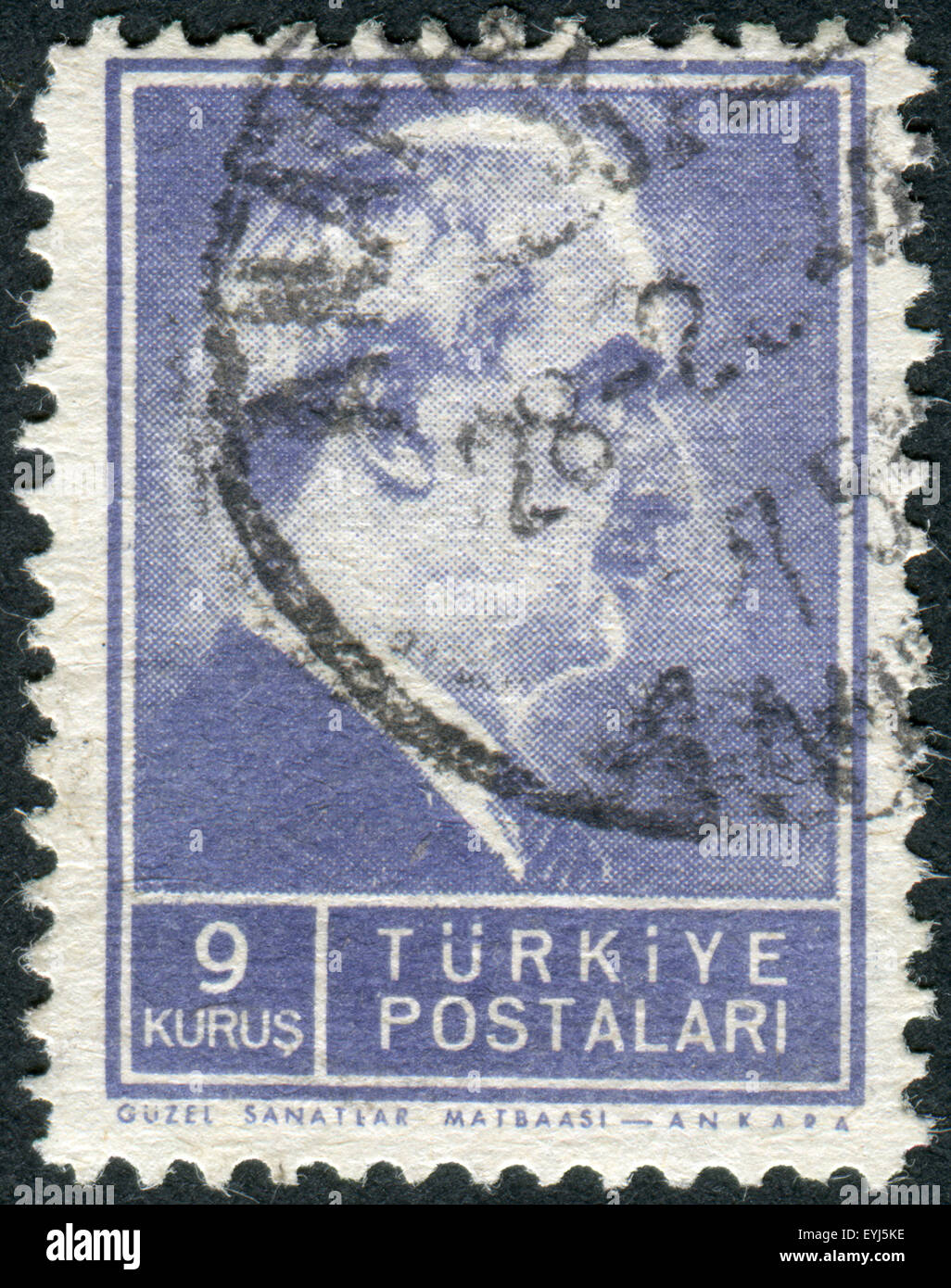 TURKEY - CIRCA 1942: Postage stamp printed in Turkey, depicted the 2nd President of Turkey, Mustafa Ismet Inonu, circa 1942 Stock Photo