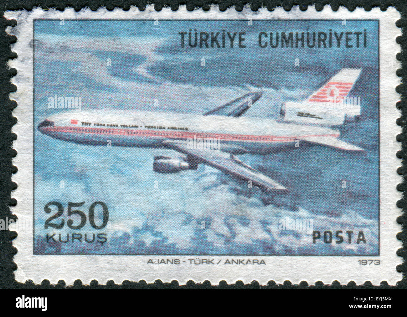 TURKEY - CIRCA 1973: Postage stamp printed in Turkey, depicted airplane McDonnell Douglas DC-10, circa 1973 Stock Photo