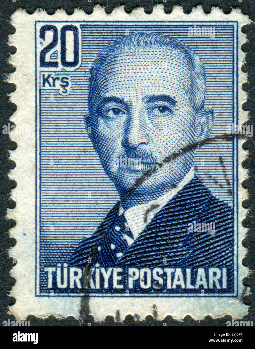 TURKEY - CIRCA 1948: Postage stamp printed in Turkey, depicted the 2nd President of Turkey, Mustafa Ismet Inonu, circa 1948 Stock Photo