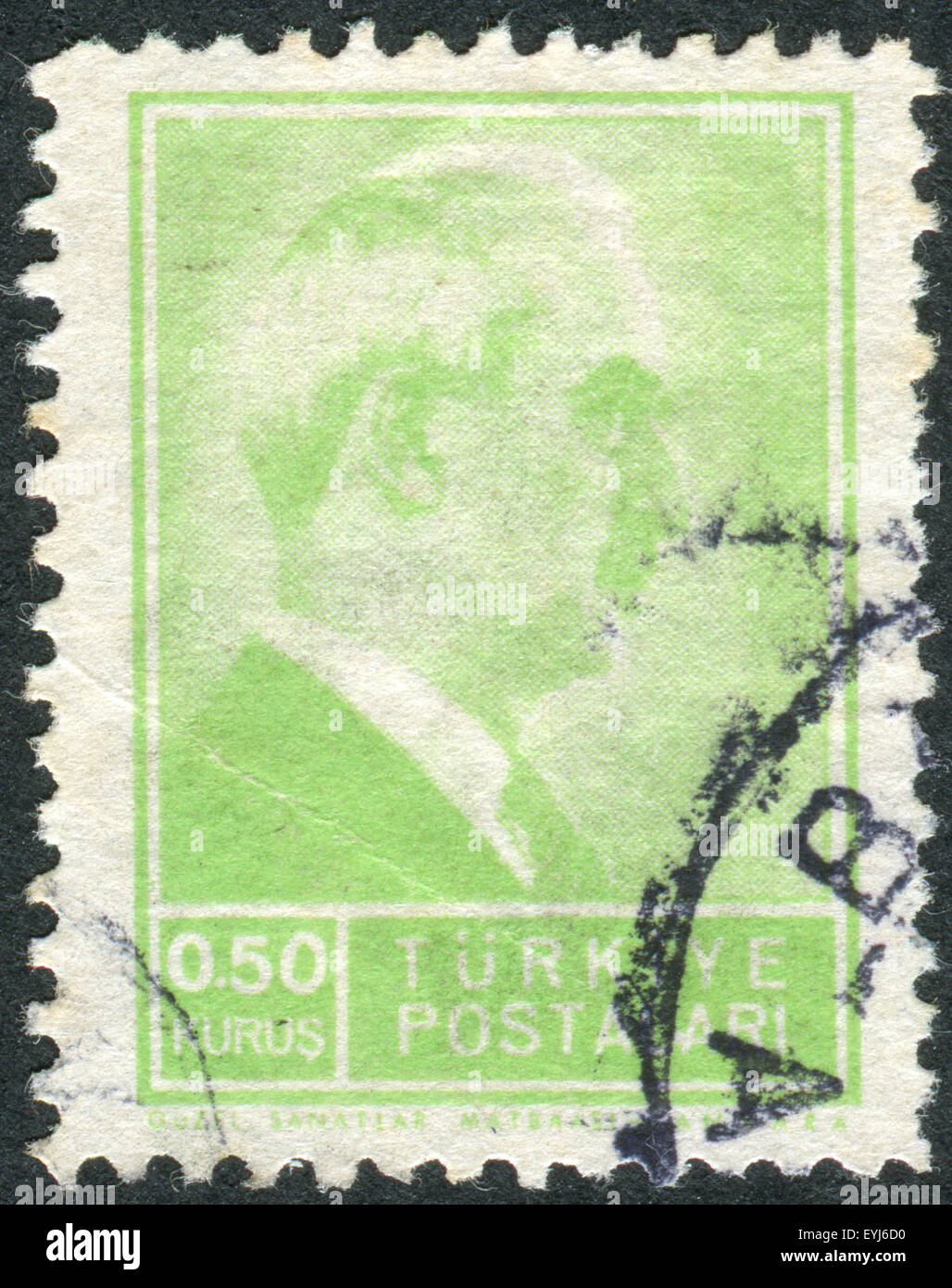 TURKEY - CIRCA 1942: Postage stamp printed in Turkey, depicted the 2nd President of Turkey, Mustafa Ismet Inonu, circa 1942 Stock Photo