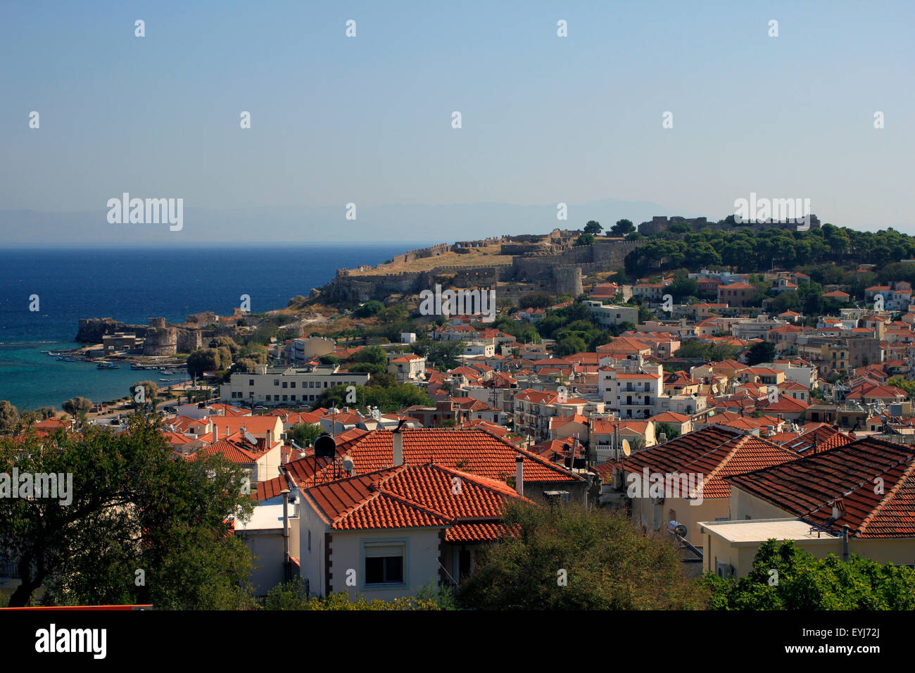 Mytilenes' castle on the hill afar and Kato Skala area. View from Sinoikismos / Sinikismos area. Lesbos. Stock Photo