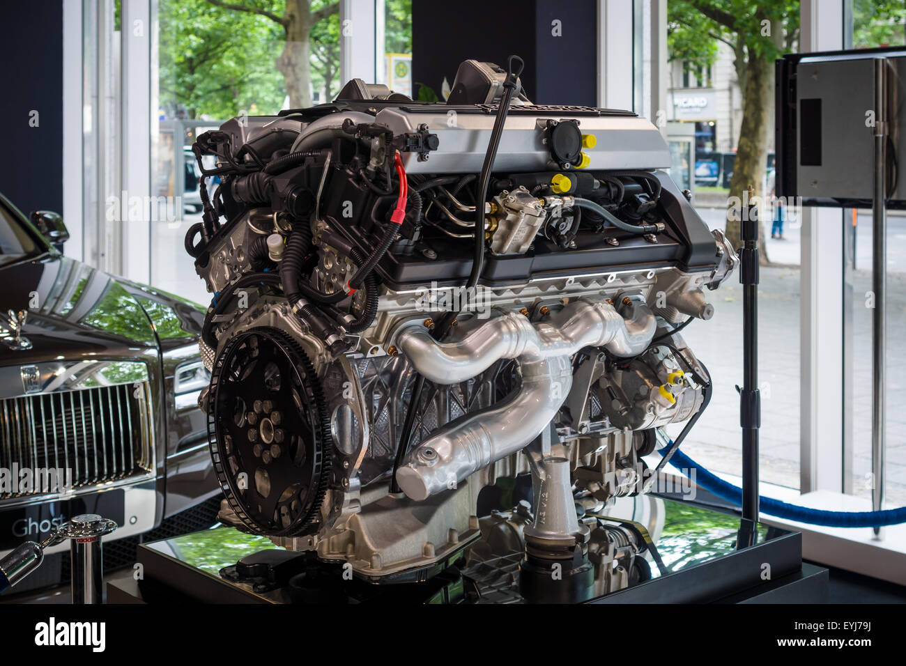 BERLIN - JUNE 14, 2015: Engine V12 DOHC (BMW N73) of the Rolls-Royce. Black and white. The Classic Days on Kurfuerstendamm. Stock Photo