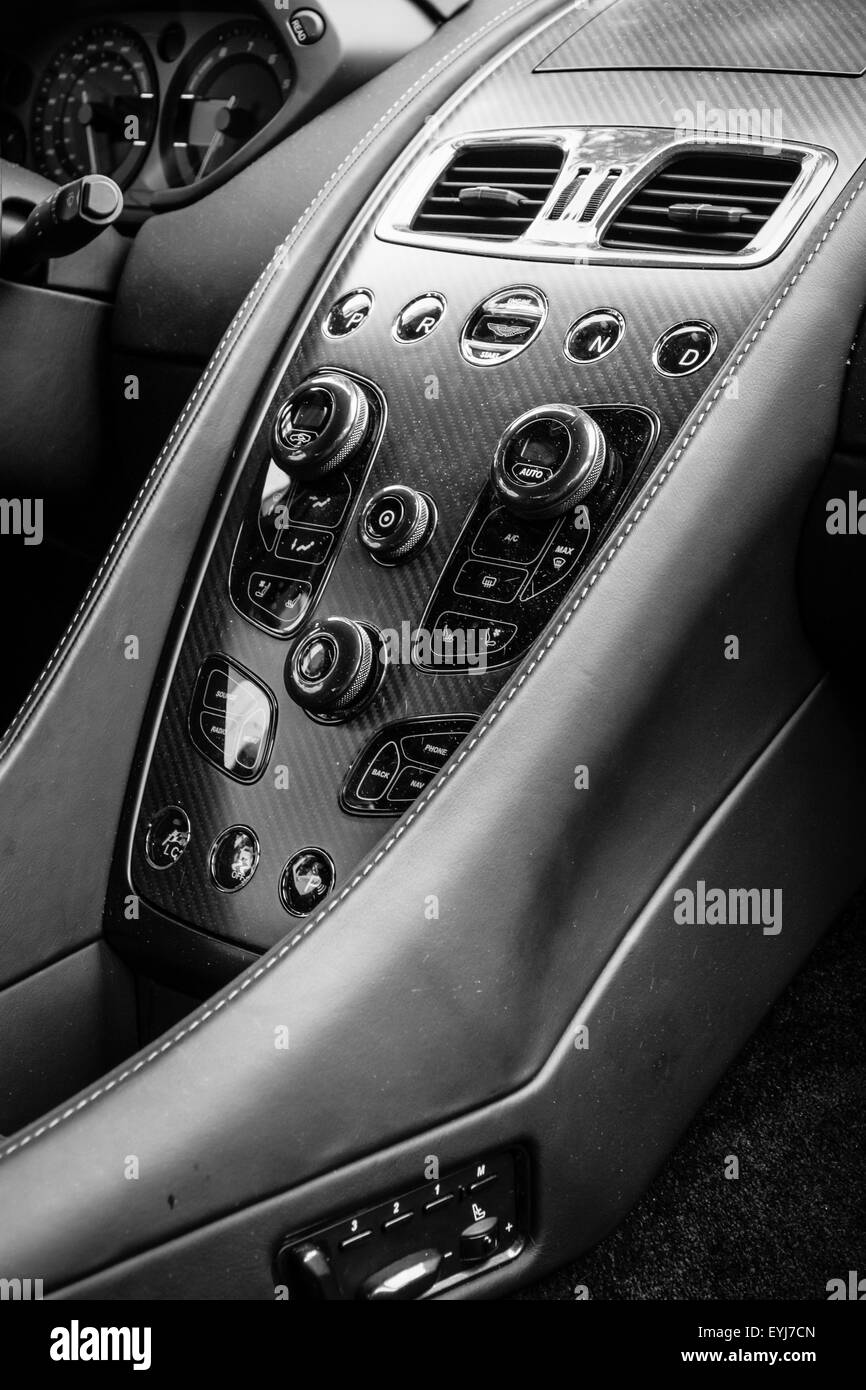 Cabin of a luxury car Aston Martin Vanquish (since 2012). Black and White. The Classic Days on Kurfuerstendamm. Stock Photo