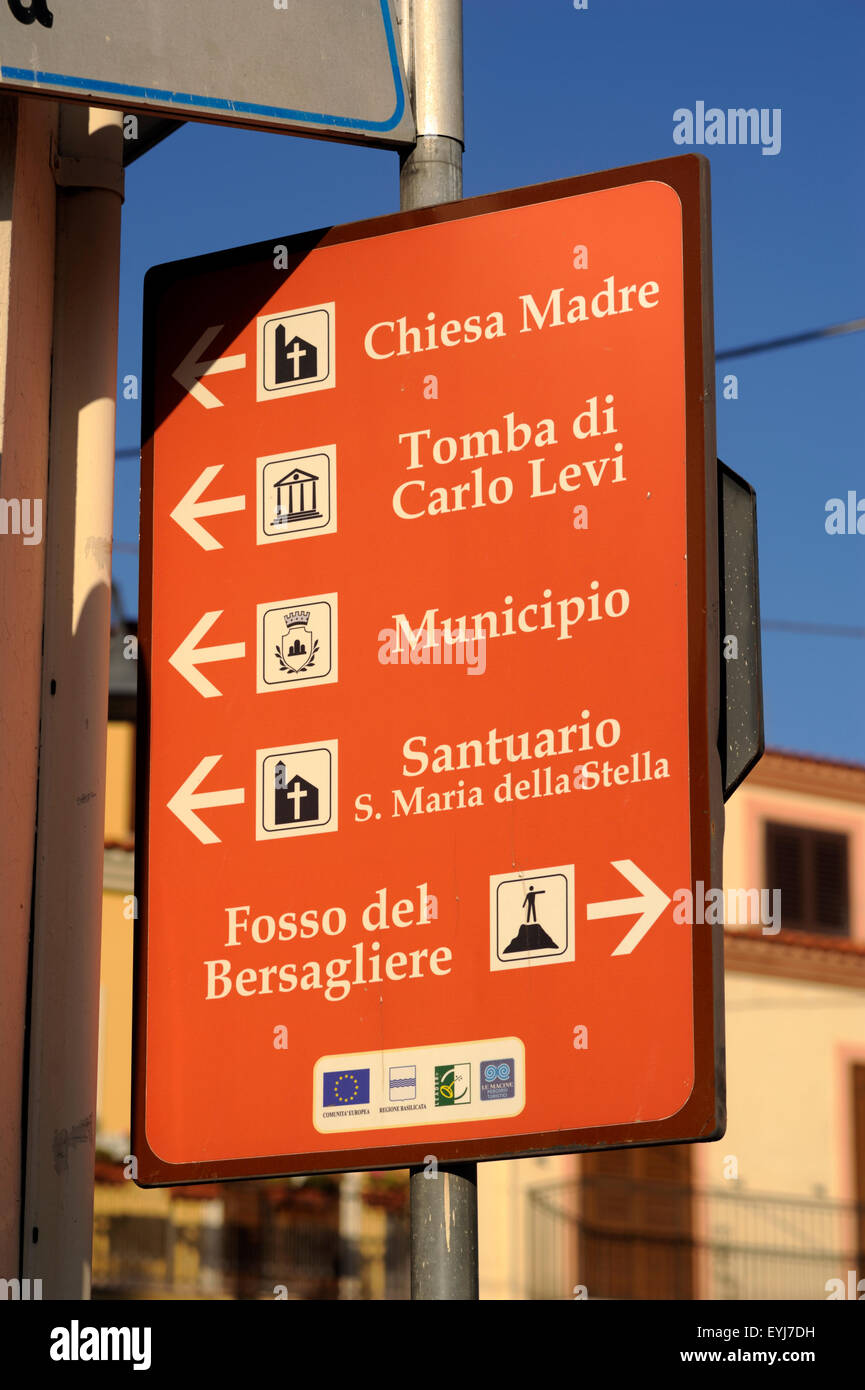 Italy, Basilicata, Aliano, tourist sign Stock Photo