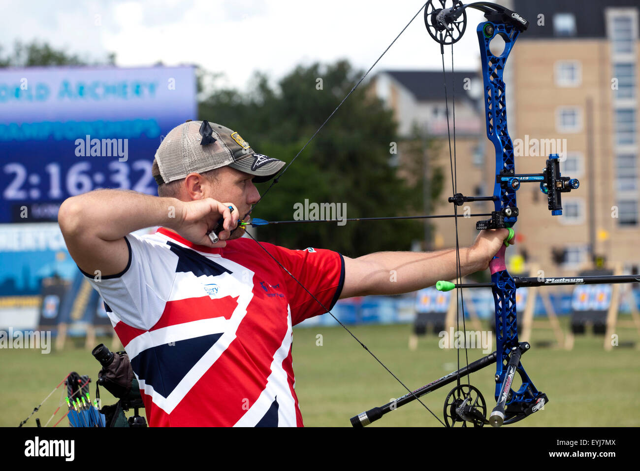 Copenhagen, Denmark, July 30th, 2015: British archer Adam Ravenscroft competes in the World Archery Championships in Copenhagen during Thursday's individual matches compound bow. Credit:  OJPHOTOS/Alamy Live News Stock Photo