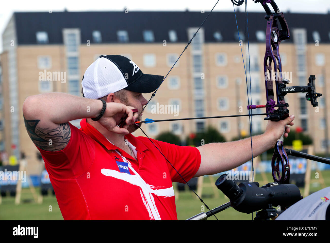 Copenhagen, Denmark, July 30th, 2015: Danish archer Patrick Laursen competes in the World Archery Championships in Copenhagen during Thursday's individual matches  in compound bow. Credit:  OJPHOTOS/Alamy Live News Stock Photo