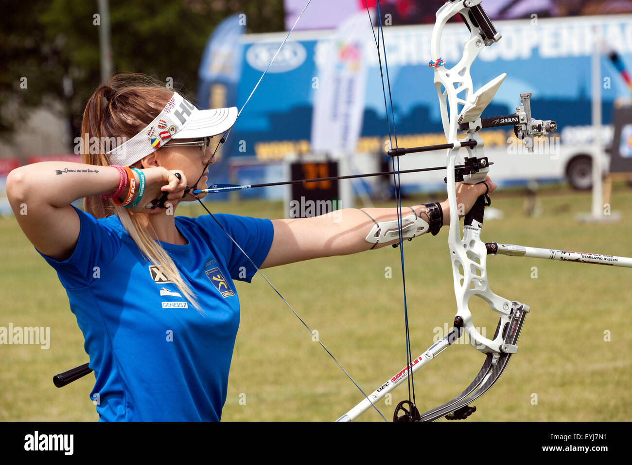 Copenhagen, Denmark, July 30th, 2015: Swedish archer Helen Forsberg competes in the World Archery Championships in Copenhagen during Thursday's individual matches  in compound bow. Credit:  OJPHOTOS/Alamy Live News Stock Photo