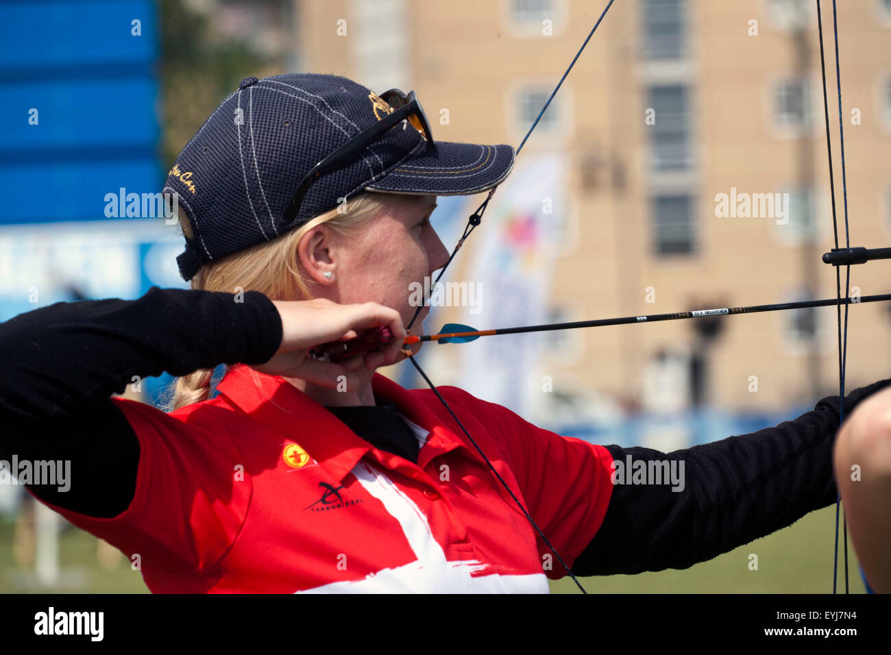 Copenhagen, Denmark, July 30th, 2015: Danish archer Sarah Holst Sonnichsen competes in the World Archery Championships in Copenhagen during Thursday's individual matches  in compound bow. Credit:  OJPHOTOS/Alamy Live News Stock Photo