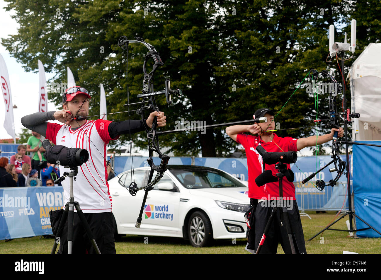 Copenhagen, Denmark, July 30th, 2015: Danish archer Stephan Hansen (R) and Switzerland's Roman Haefelfinger (L)  competes in the World Archery Championships in Copenhagen during Thursday's individual matches  in compound bow. Credit:  OJPHOTOS/Alamy Live News Stock Photo