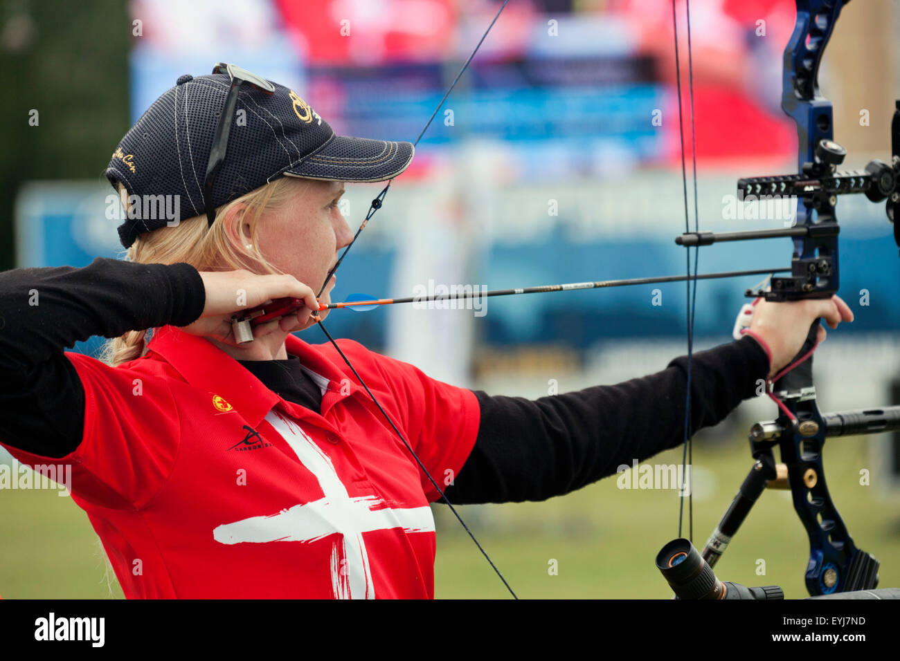 Copenhagen, Denmark, July 30th, 2015: Danish archer Sarah Holst Sonnichsen  competes in the World Archery Championships in Copenhagen during Thursday's individual matches  in compound bow. Credit:  OJPHOTOS/Alamy Live News Stock Photo