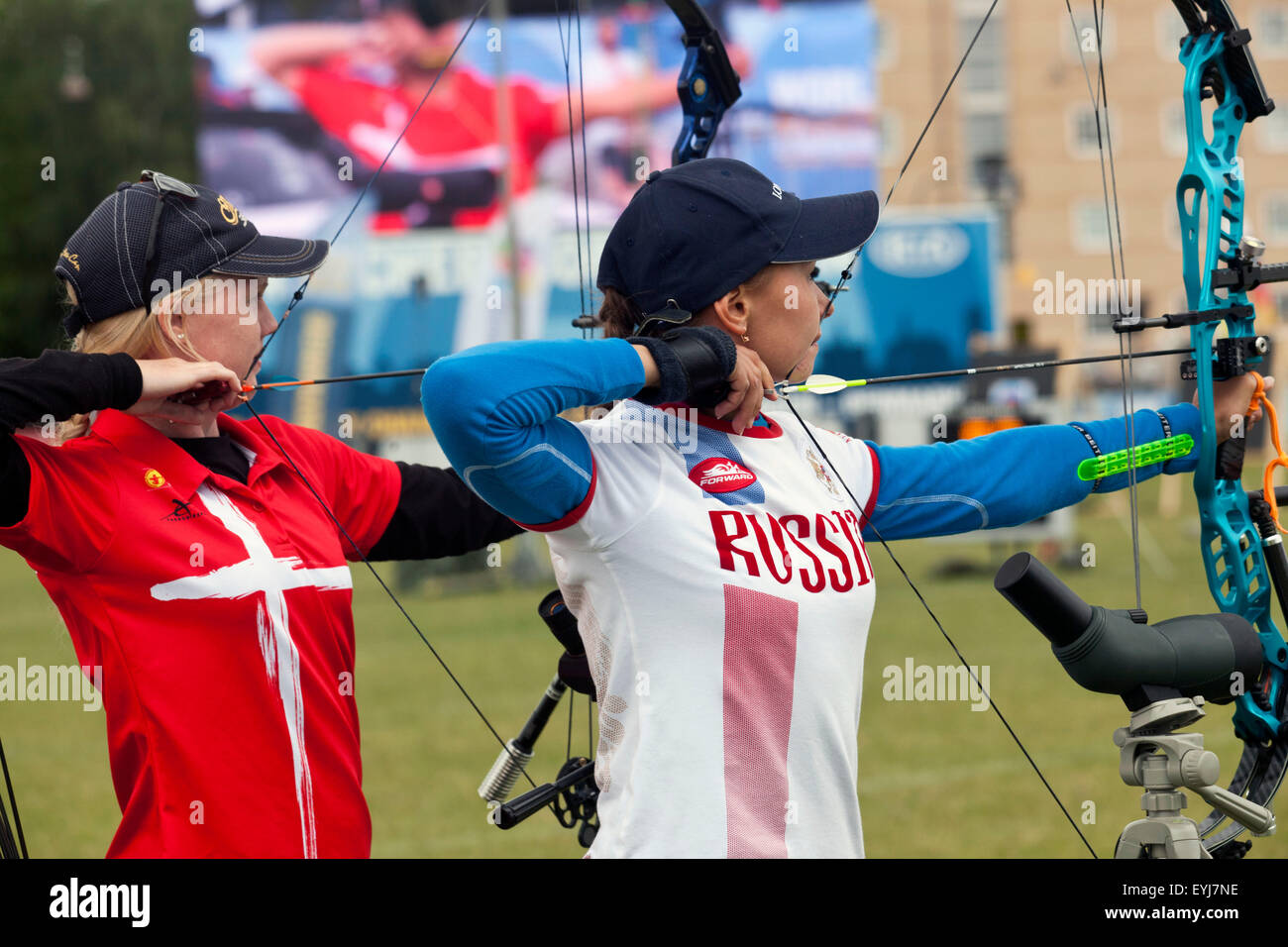 Copenhagen, Denmark, July 30th, 2015: Danish archer Sarah Holst Sonnichsen and Russian Marila Vinogradova competes in the World Archery Championships in Copenhagen during Thursday's individual matches  in compound bow. Credit:  OJPHOTOS/Alamy Live News Stock Photo