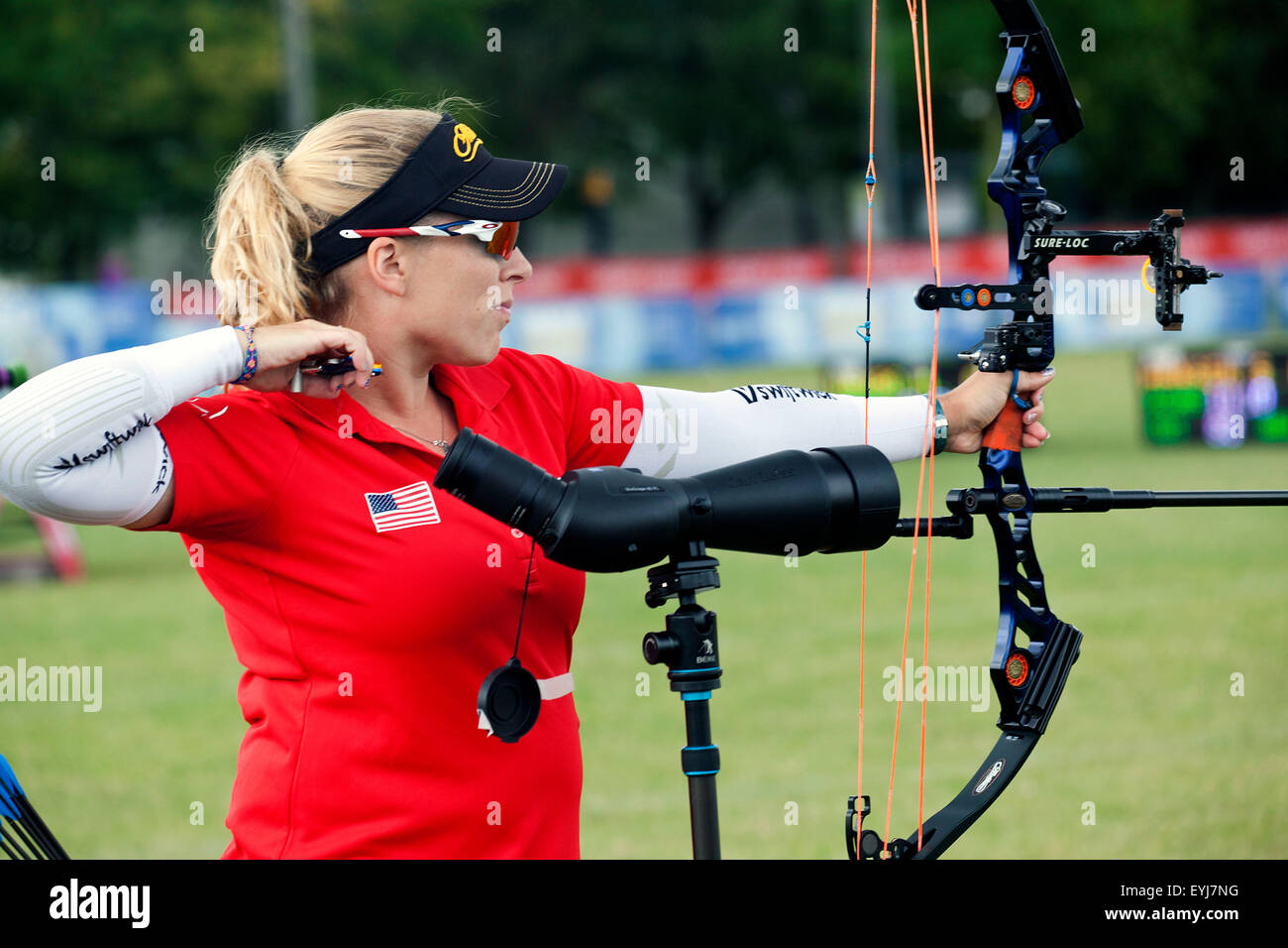Copenhagen, Denmark, July 30th, 2015: US archer Crystal Gauvin competes in the World Archery Championships in Copenhagen during Thursday's individual matches  in compound bow. Credit:  OJPHOTOS/Alamy Live News Stock Photo