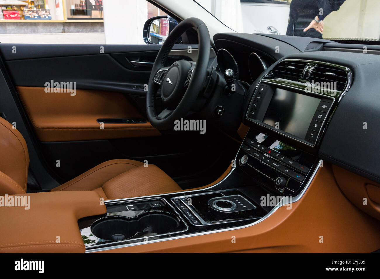 BERLIN - JUNE 14, 2015: Cabin of the compact executive car Jaguar XE 20D (since 2015). The Classic Days on Kurfuerstendamm. Stock Photo
