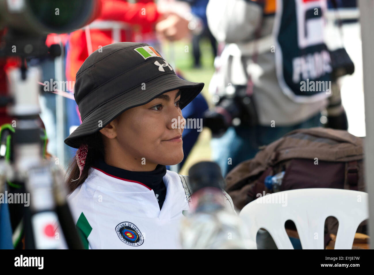 Copenhagen, Denmark, July 30th, 2015: Mexican archer Alecandra Valencia takes a rest during her shooting in the World Archery Championships in Copenhagen during Thursday's individual matches. Credit:  OJPHOTOS/Alamy Live News Stock Photo