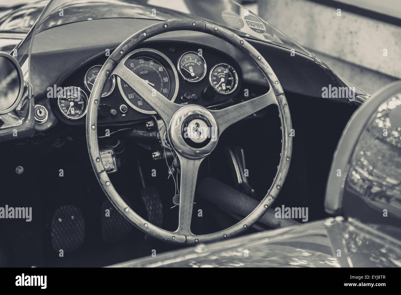 Cockpit of a sports car Ferrari 500 TR, 1956. Black and white. Stylization. The Classic Days on Kurfuerstendamm. Stock Photo