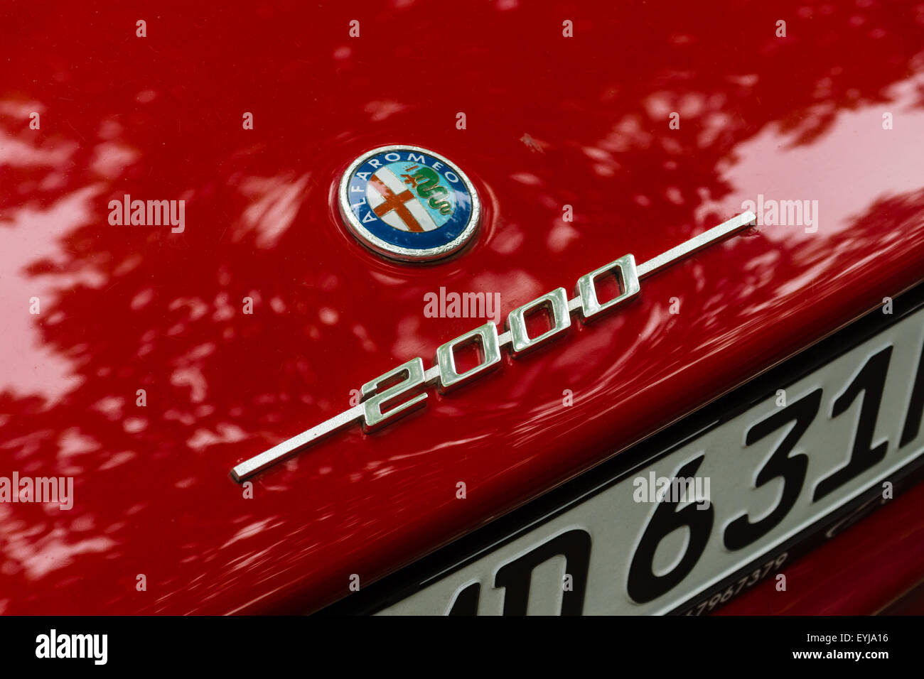 The logo on the trunk lid of a luxury car Alfa Romeo 2000 Sprint (Tipo 102). The Classic Days on Kurfuerstendamm. Stock Photo