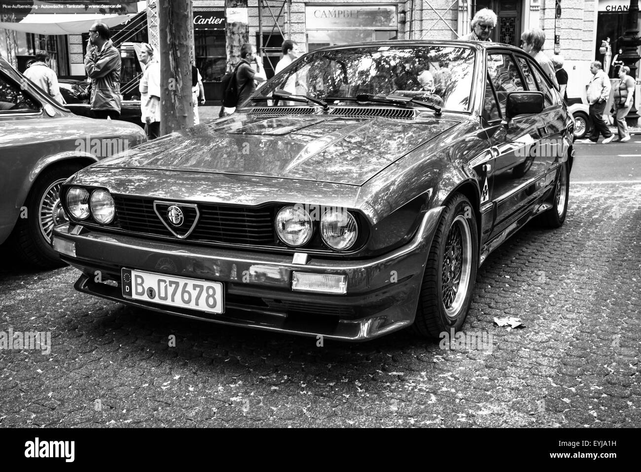 BERLIN - JUNE 14, 2015: Sports car Alfa Romeo GTV6. Black and white. The Classic Days on Kurfuerstendamm. Stock Photo