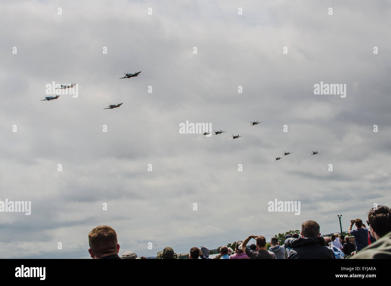 Eleven World War Two Spitfires flew together at the airshow in formation, from Duxford an airfield at the heart of the Battle of Britain. Second War Stock Photo