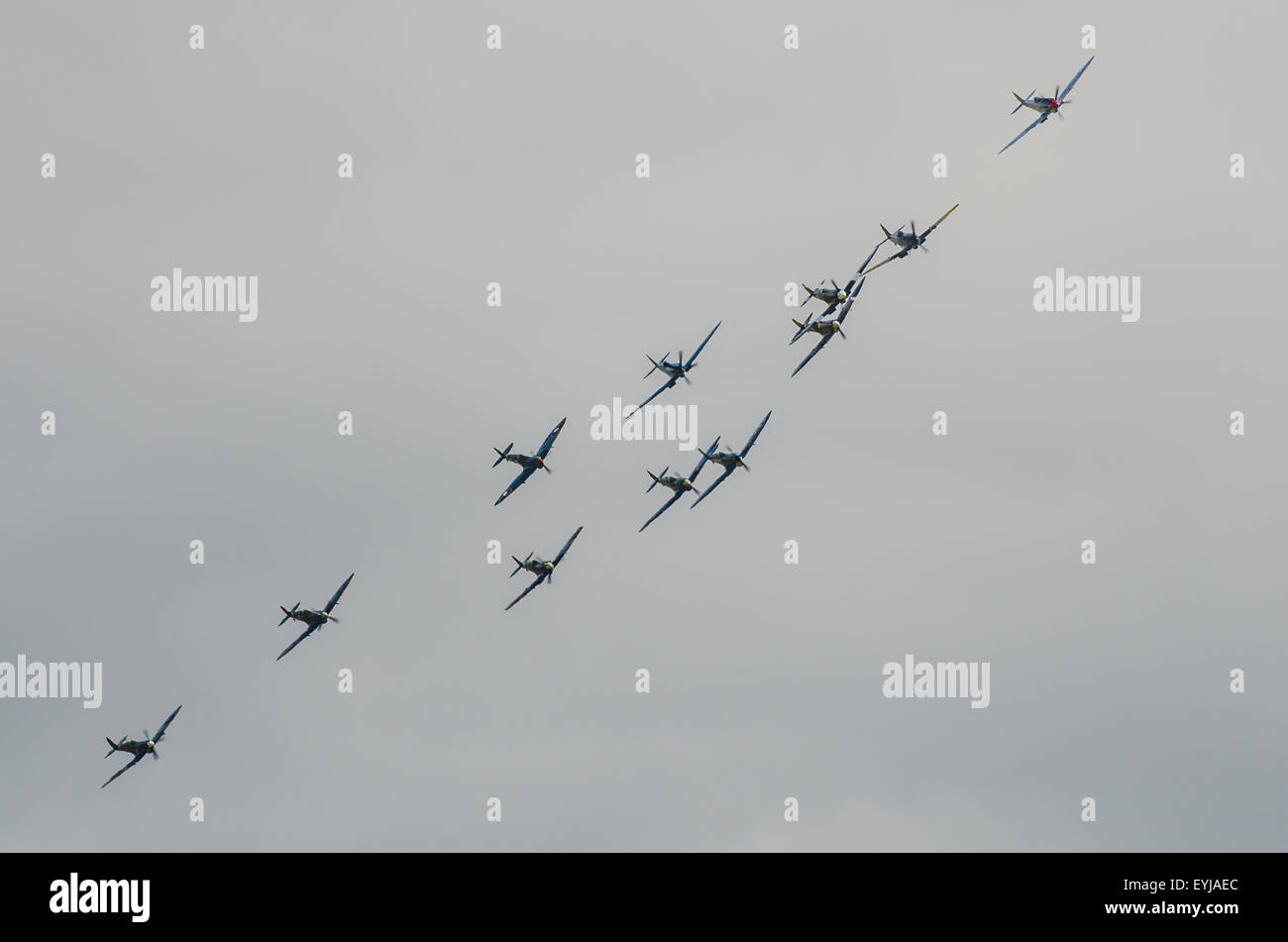 Eleven World War Two Spitfires flew together at the airshow in formation, from Duxford an airfield at the heart of the Battle of Britain. Second War Stock Photo