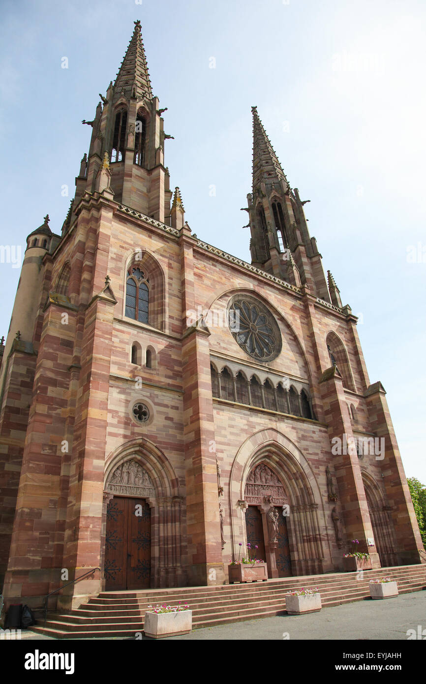 Church of St. Peter and St. Paul in the center of Obernai, Alsace, France Stock Photo