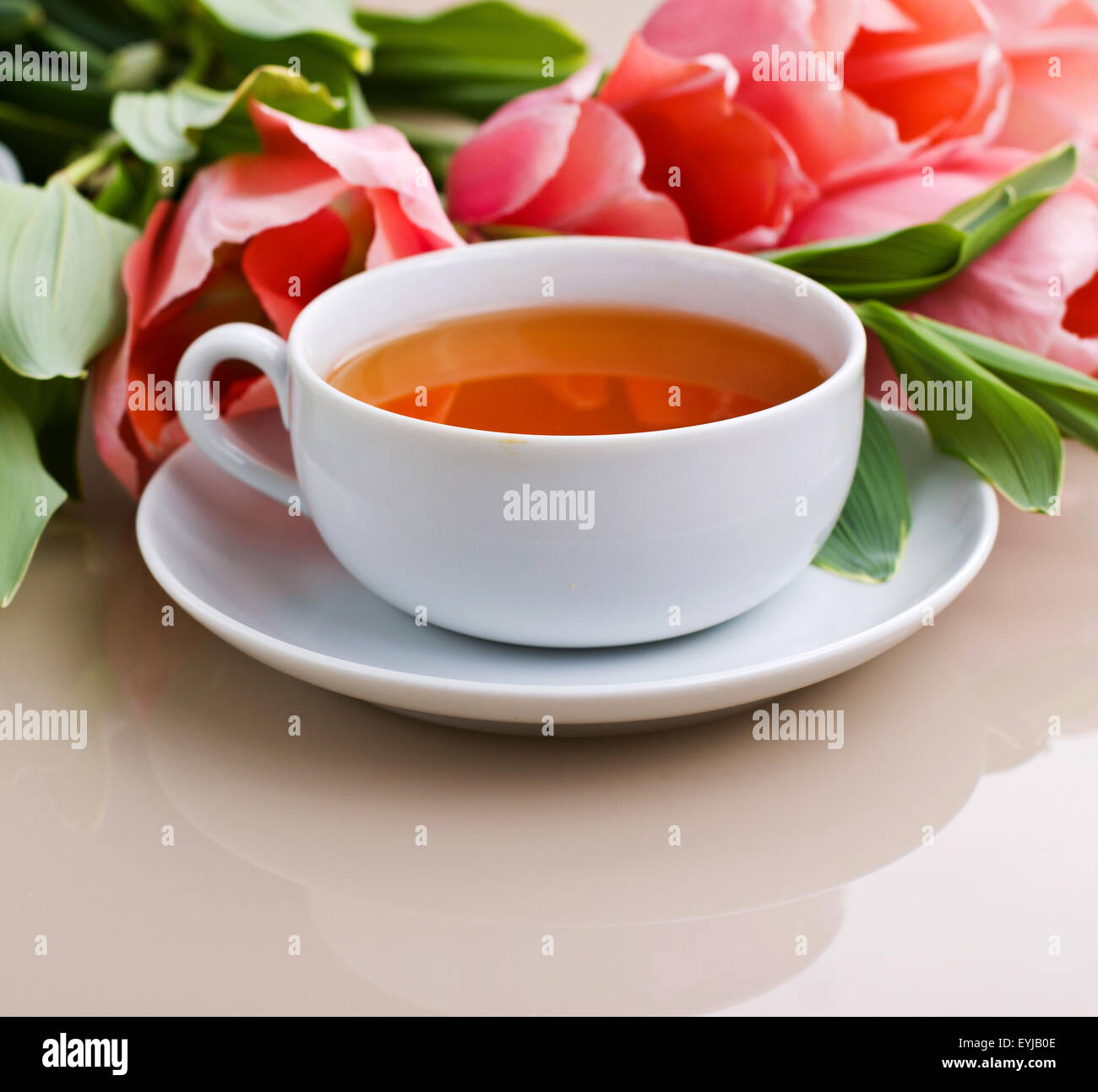 Close up of a cup of tea with beautiful pink flowers on background Stock Photo
