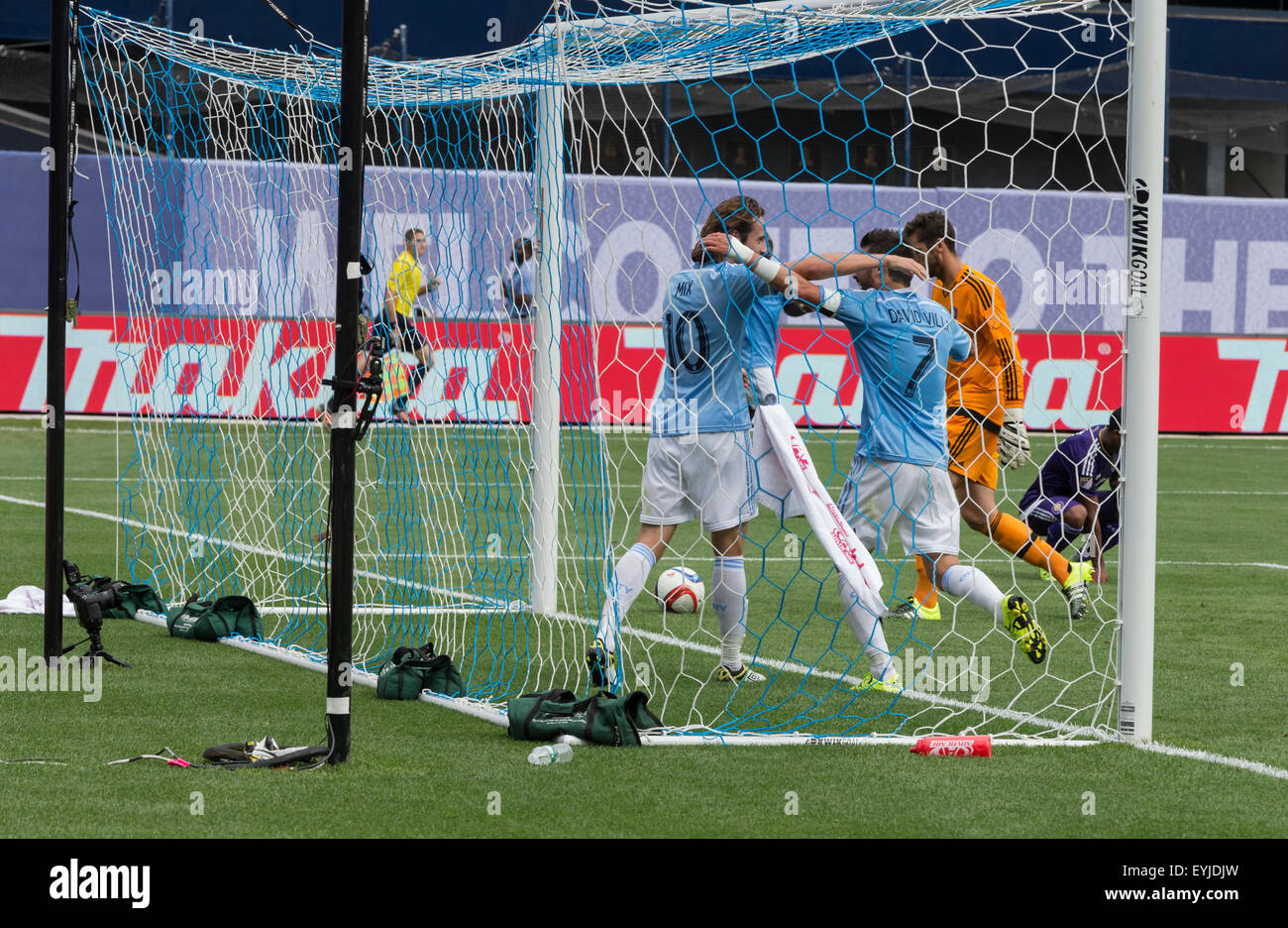 New York, NY - July 26, 2015: Mix Diskerud (10) of NYCFC celebrate goal during game between New York City Football Club and Orlando City SC at Yankee Stadium Stock Photo
