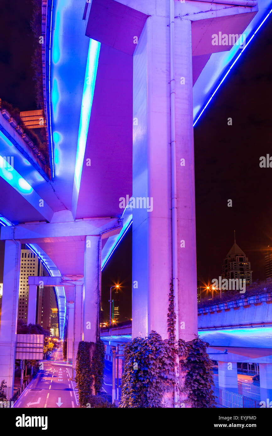 Illuminated bridges of the elevated highway system at night Stock Photo ...