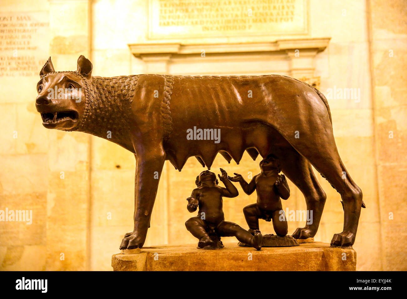 The Capitoline SheWolf bronze statue featuring the mythical twins Romulus and Remus in the
