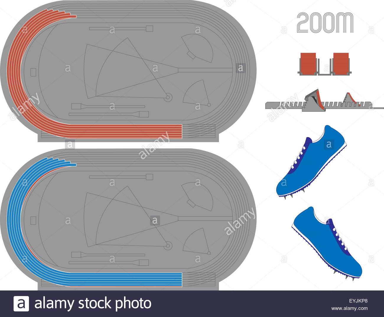 200 Meters Running Track in Red and Blue - Stock Vector.