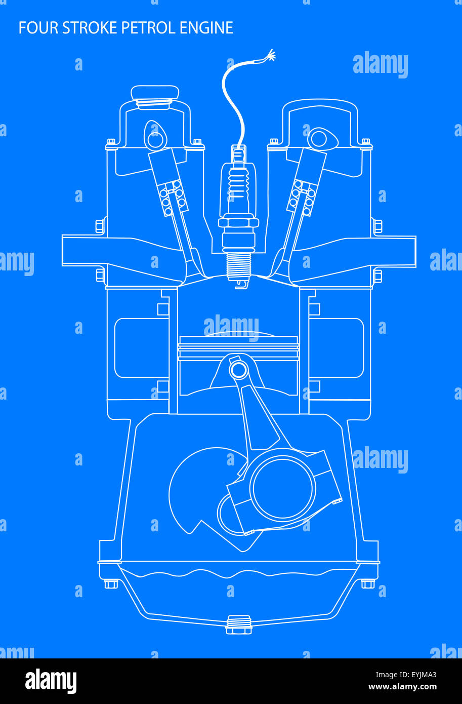 A four stroke petrol engine line drawing in white over blue Stock Photo