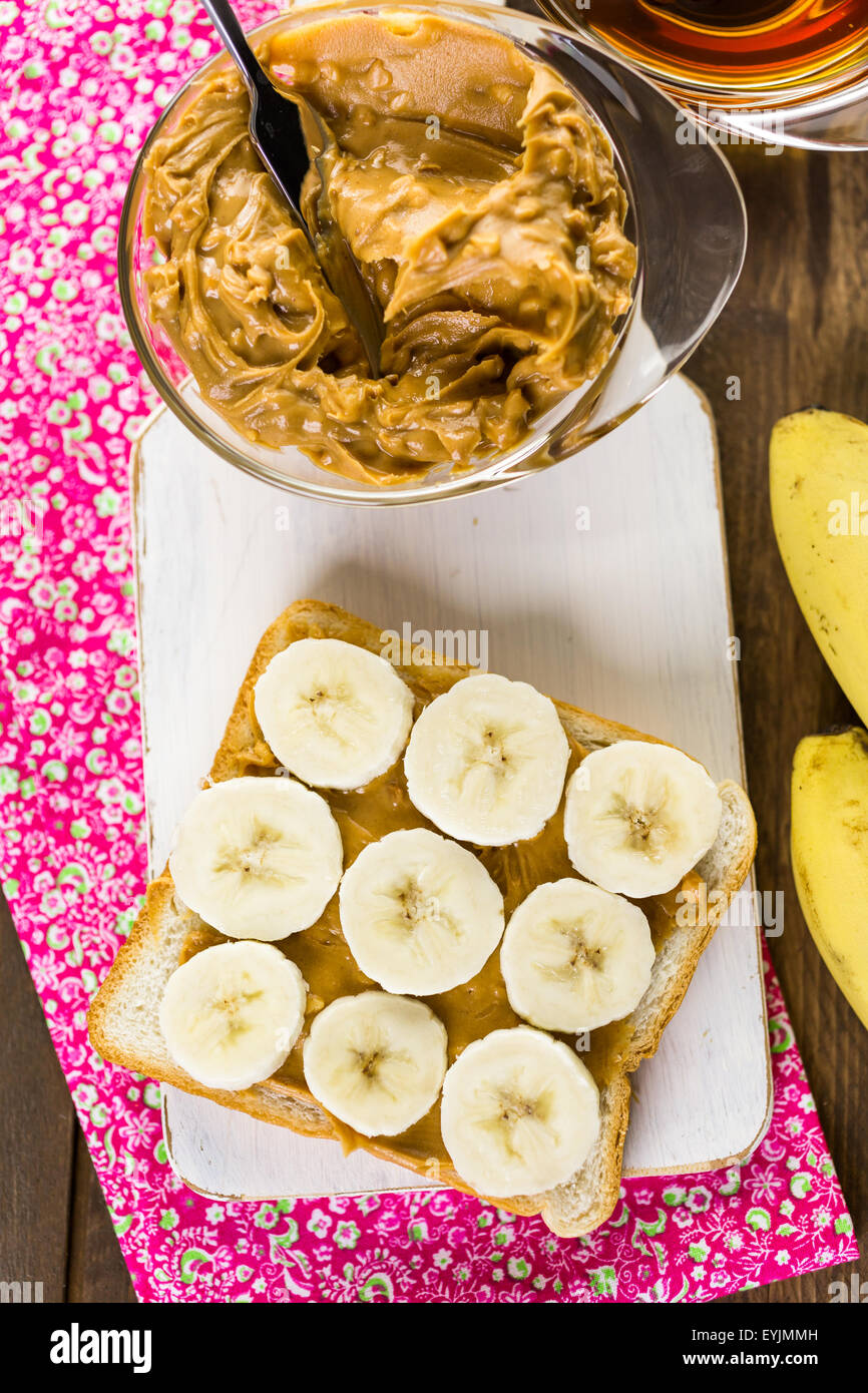 Homemade Peanut Butter And Banana Sandwich On White Bread Stock Photo Alamy