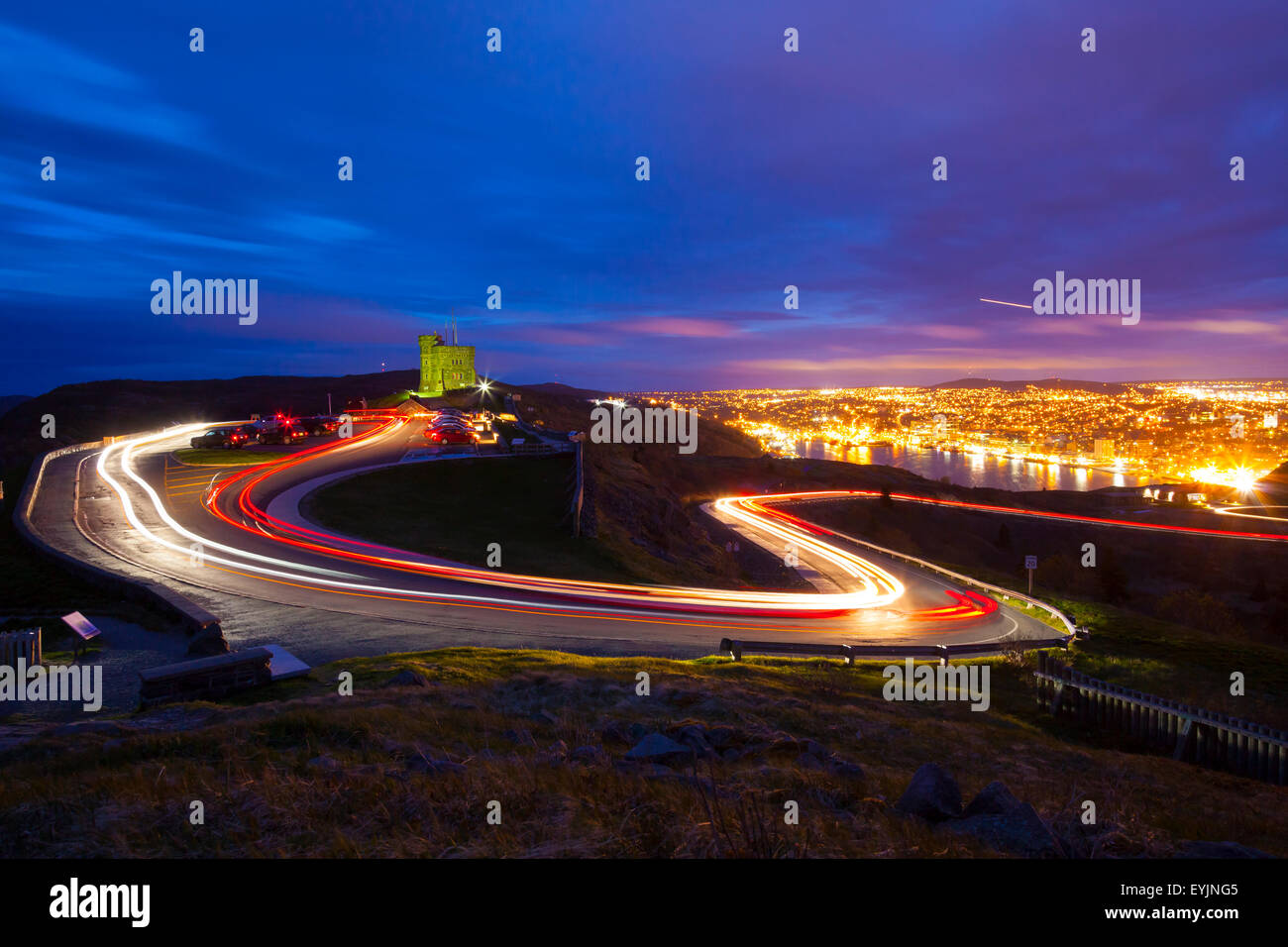 Light trails created by cars as they drive up and down Signal Hill with
