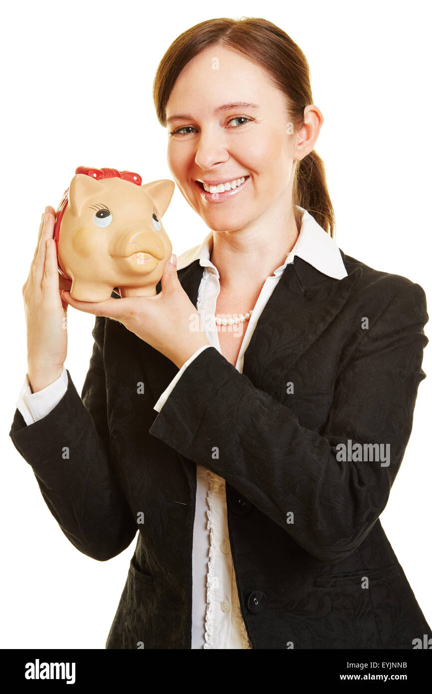 Happy business woman with a piggy bank as money investment Stock Photo ...